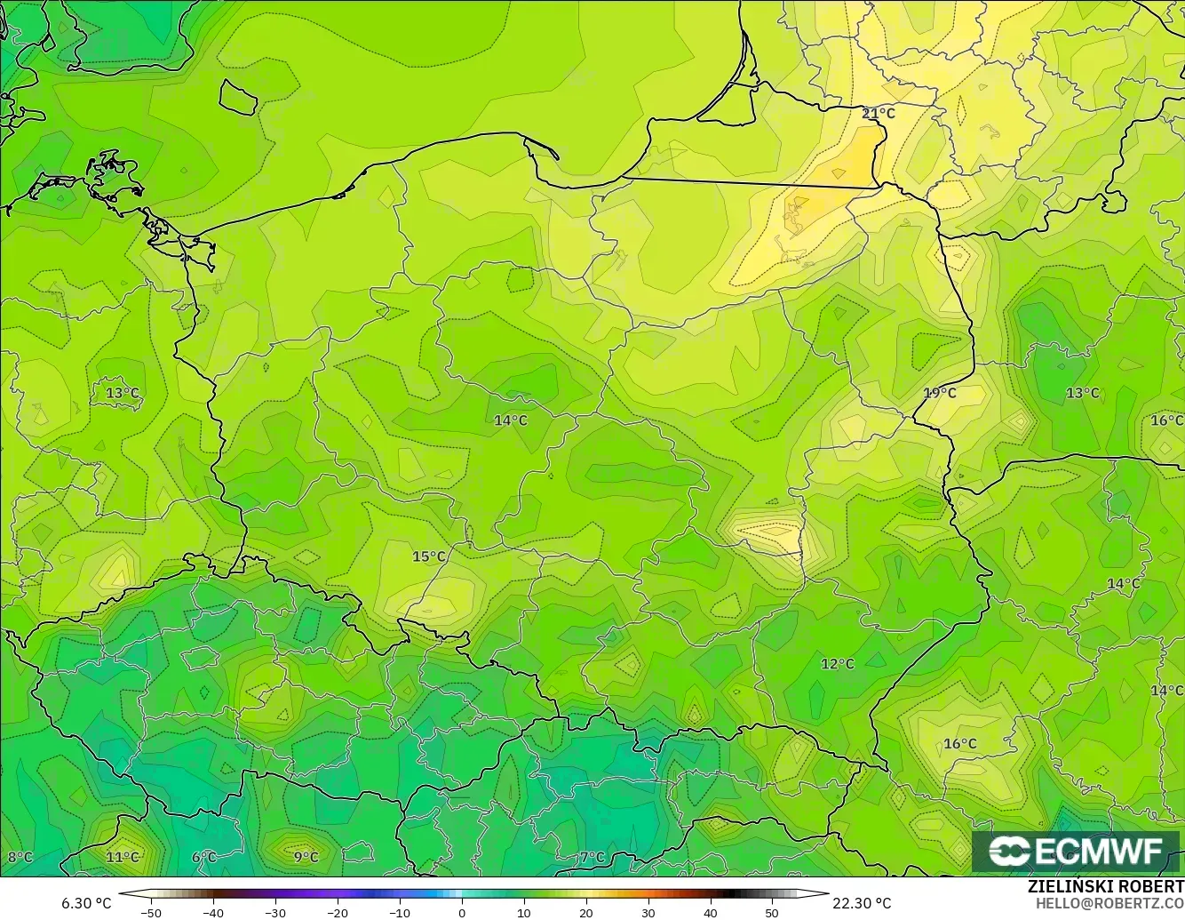 ECMWF IFS 0.25° model - Polonya, 2 m Çiy Noktası