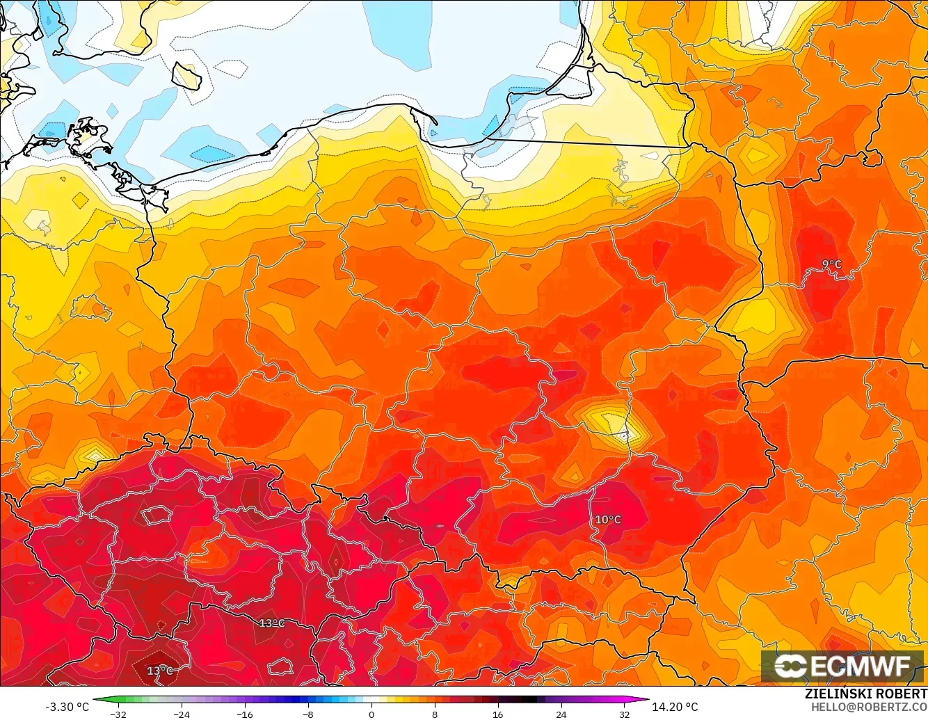 ECMWF IFS 0.25° model - Polonya, 2 m Sıcaklık Anomalisi