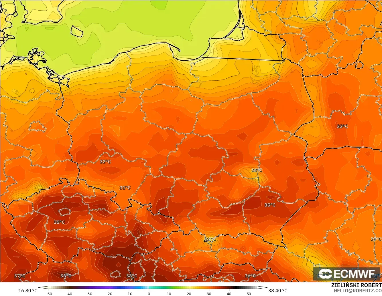ECMWF IFS 0.25° model - Polonya, 2 m Sıcaklık