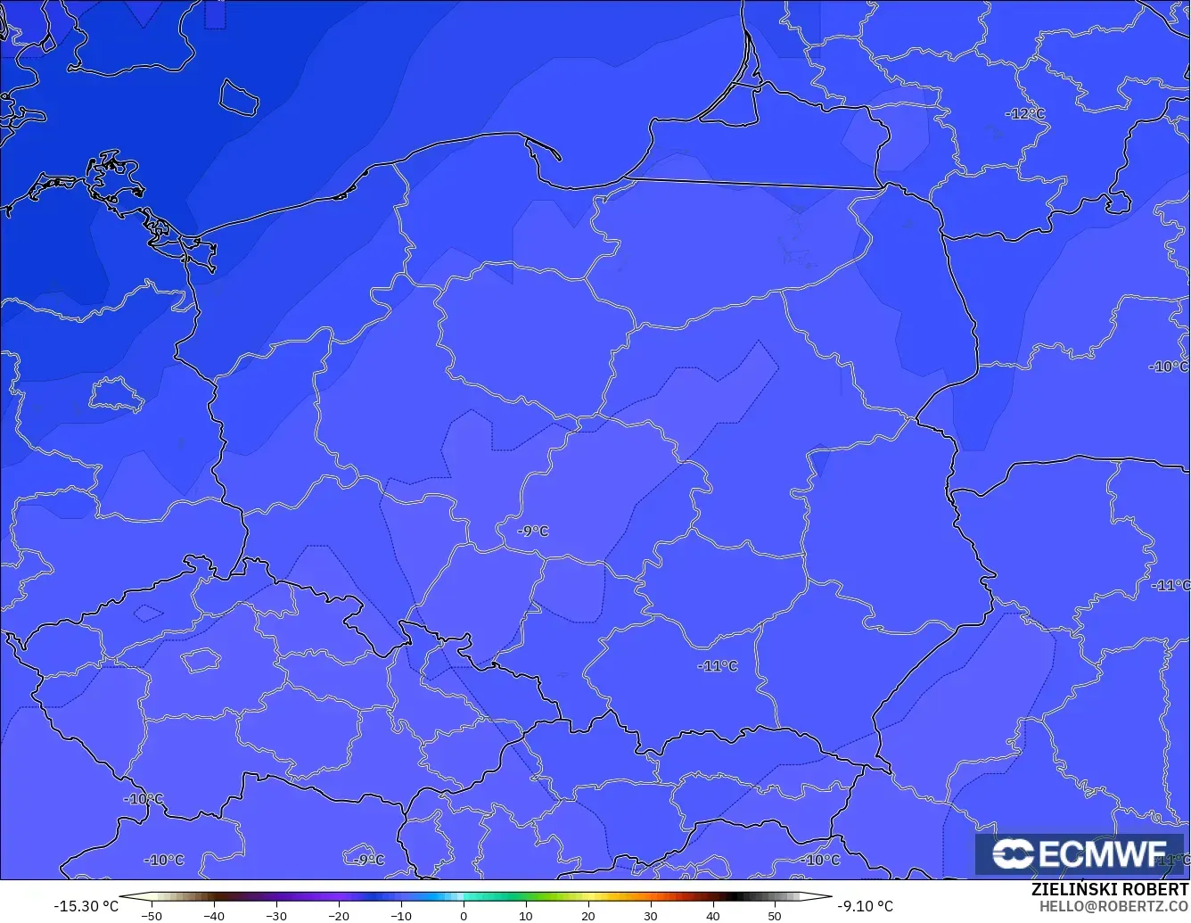 ECMWF IFS 0.25° model - Polonya, 500 hPa Sıcaklık