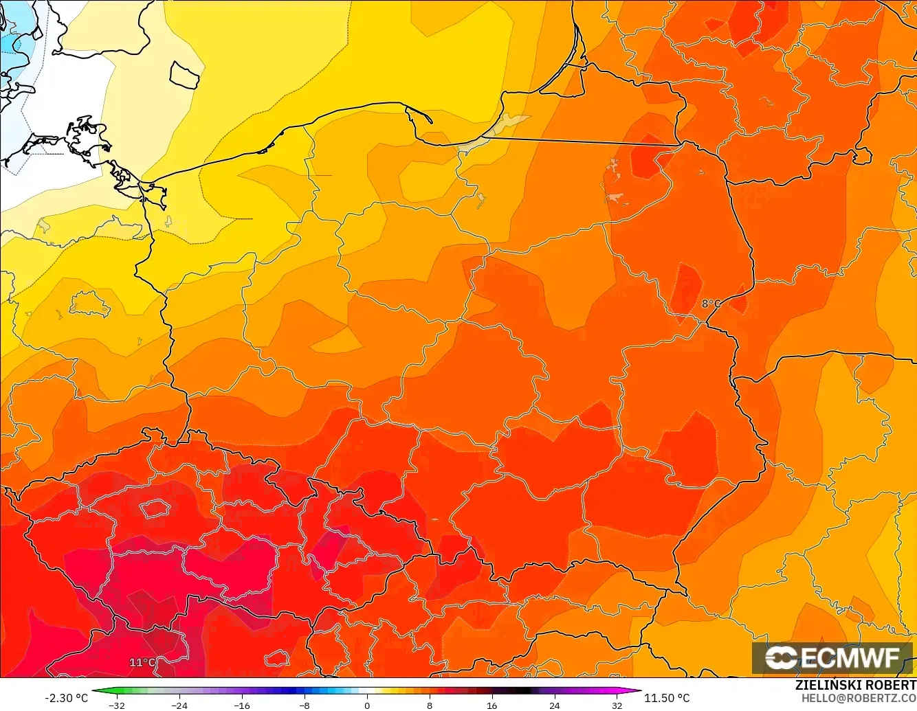 ECMWF IFS 0.25° model - Polonya, 850 hPa Sıcaklık Anomalisi