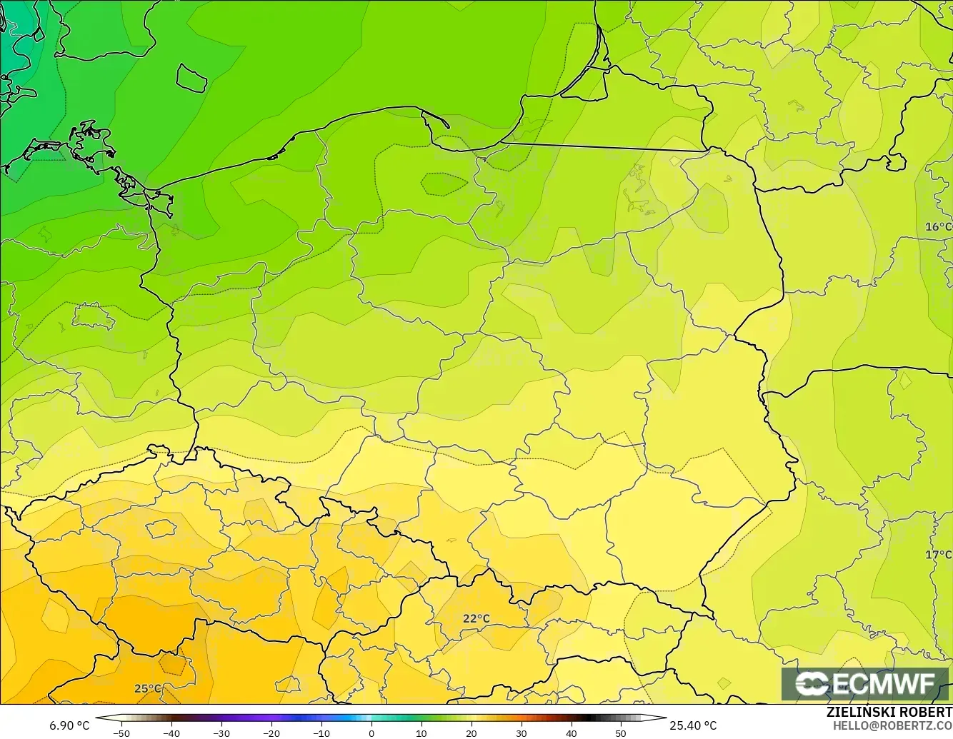 ECMWF IFS 0.25° model - Polonya, 850 hPa Sıcaklık