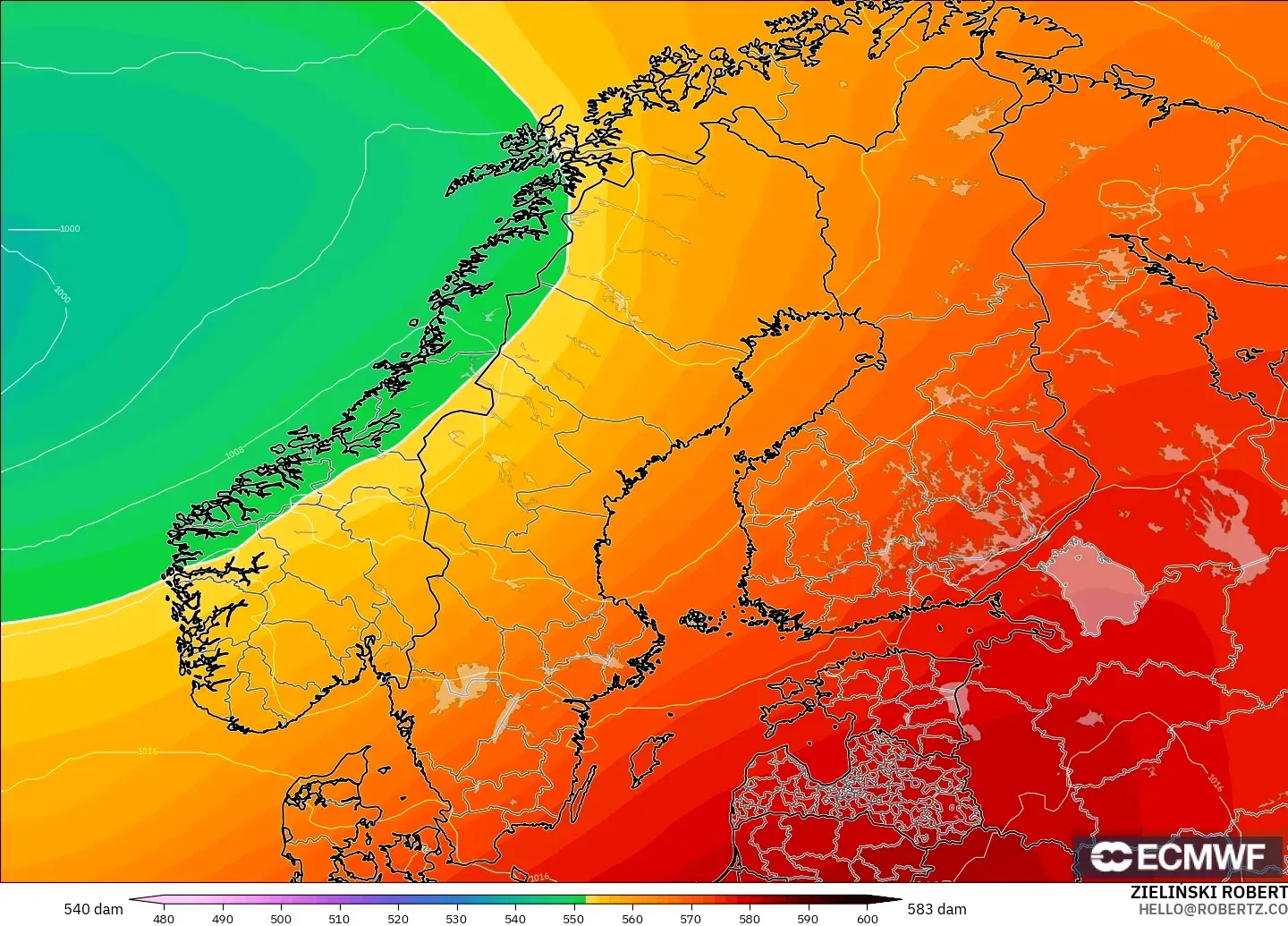 ECMWF IFS 0.25° model - İskandinavya, 500 hPa’da jeopotansiyel yükseklik