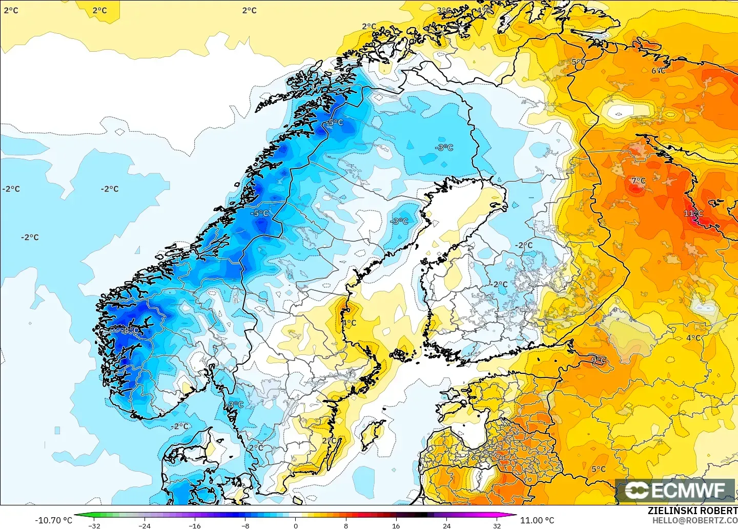 ECMWF IFS 0.25° model - İskandinavya, 2 m Sıcaklık Anomalisi