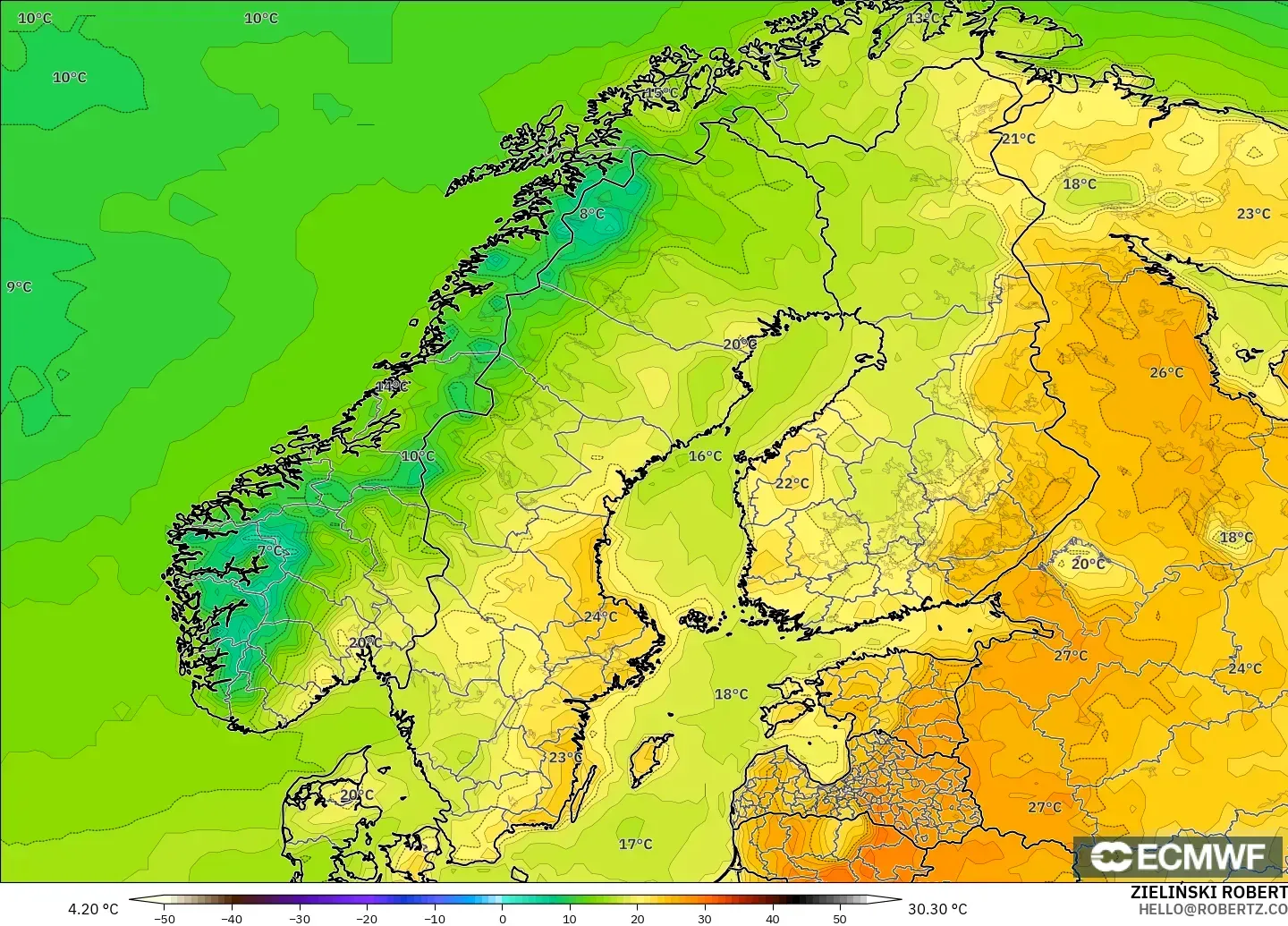 ECMWF IFS 0.25° model - İskandinavya, 2 m Sıcaklık