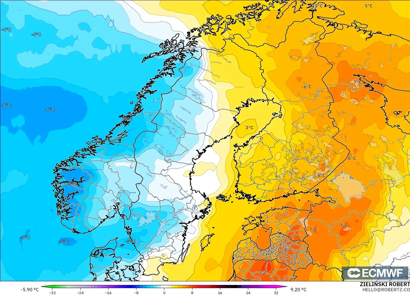 ECMWF IFS 0.25° model - İskandinavya, 850 hPa Sıcaklık Anomalisi
