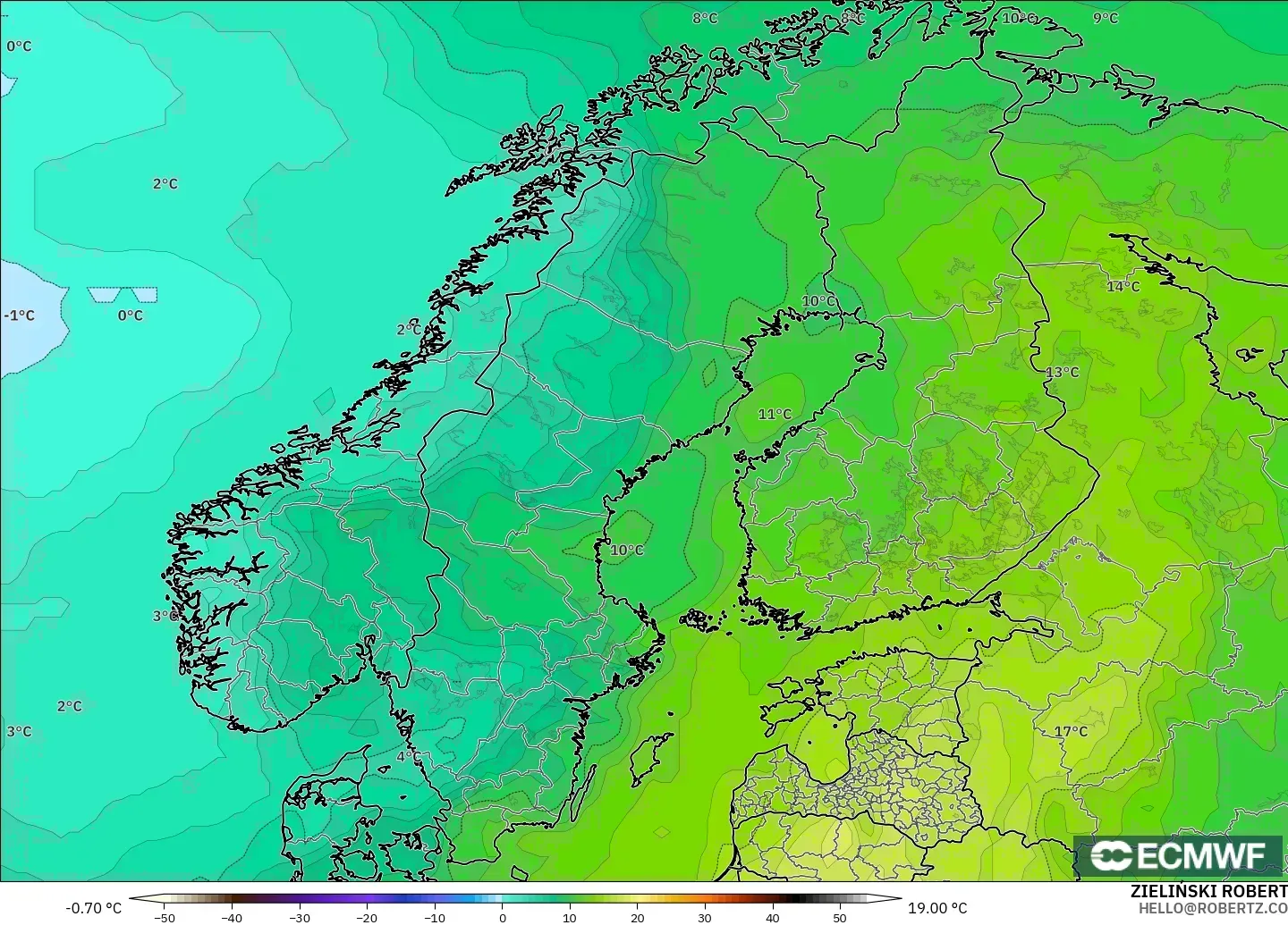 ECMWF IFS 0.25° model - İskandinavya, 850 hPa Sıcaklık