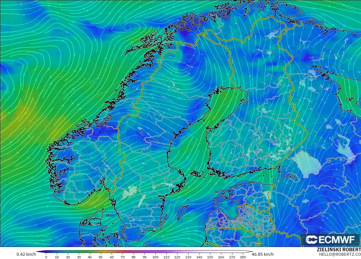 ECMWF IFS 0.25° model - İskandinavya, 10 m Rüzgâr