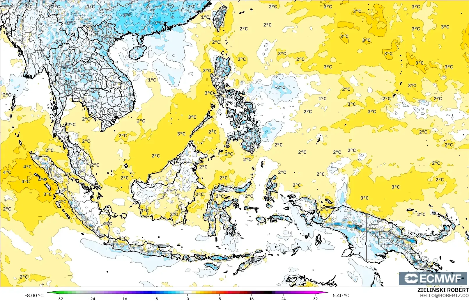ECMWF IFS 0.25° model - Güneydoğu Asya, 2 m Sıcaklık Anomalisi