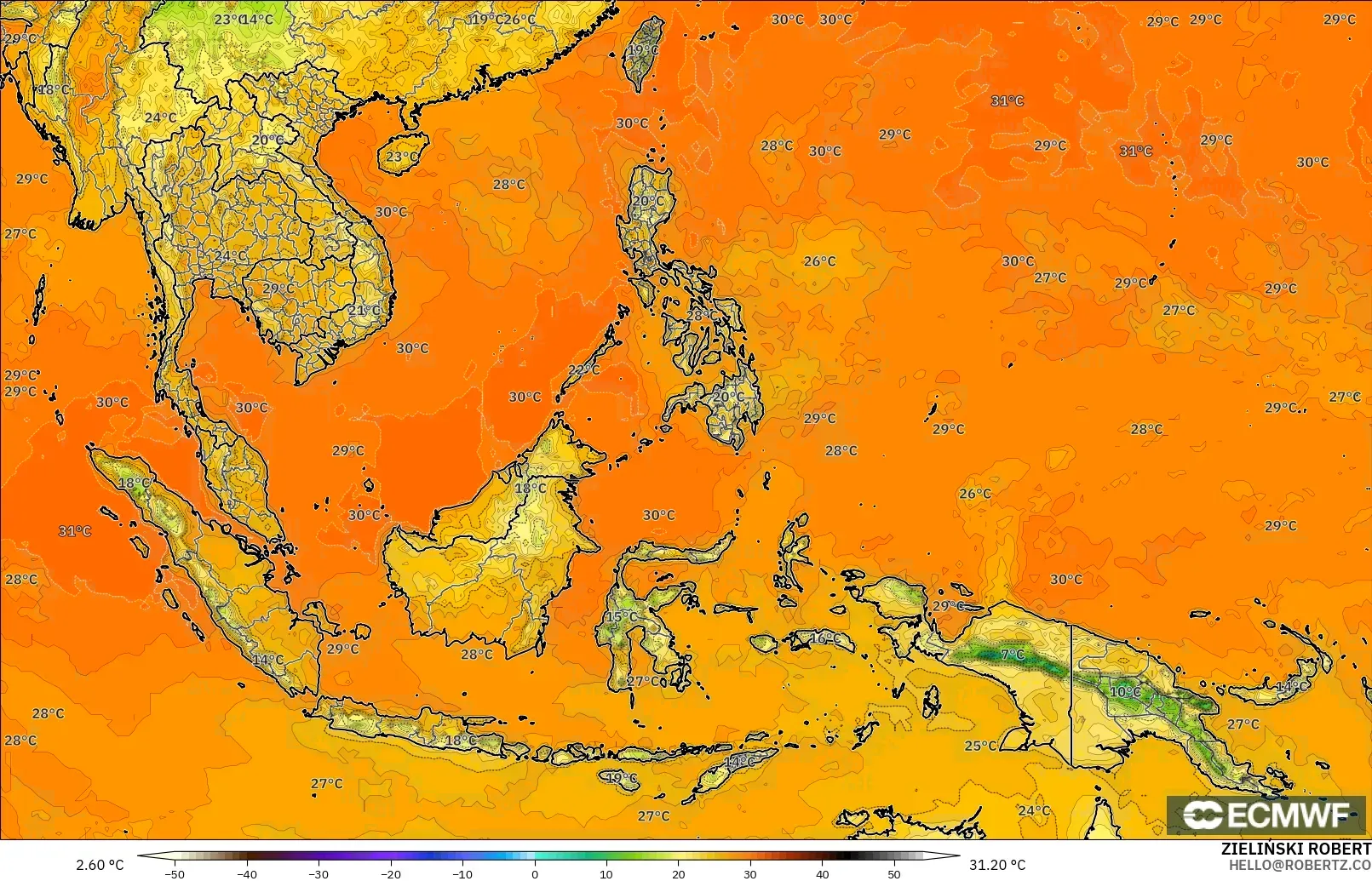 ECMWF IFS 0.25° model - Güneydoğu Asya, 2 m Sıcaklık