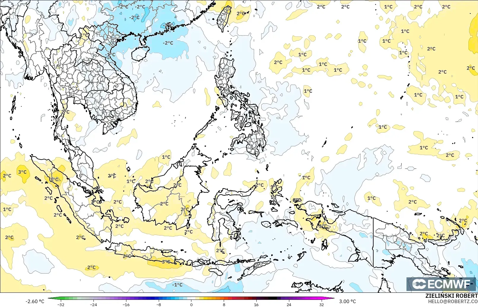 ECMWF IFS 0.25° model - Güneydoğu Asya, 850 hPa Sıcaklık Anomalisi