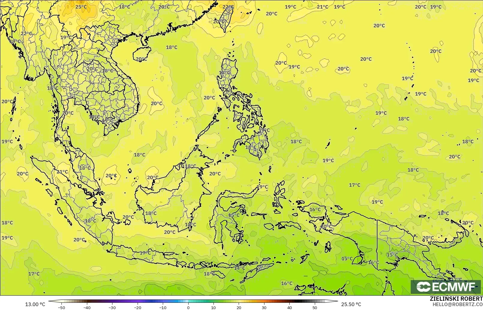 ECMWF IFS 0.25° model - Güneydoğu Asya, 850 hPa Sıcaklık