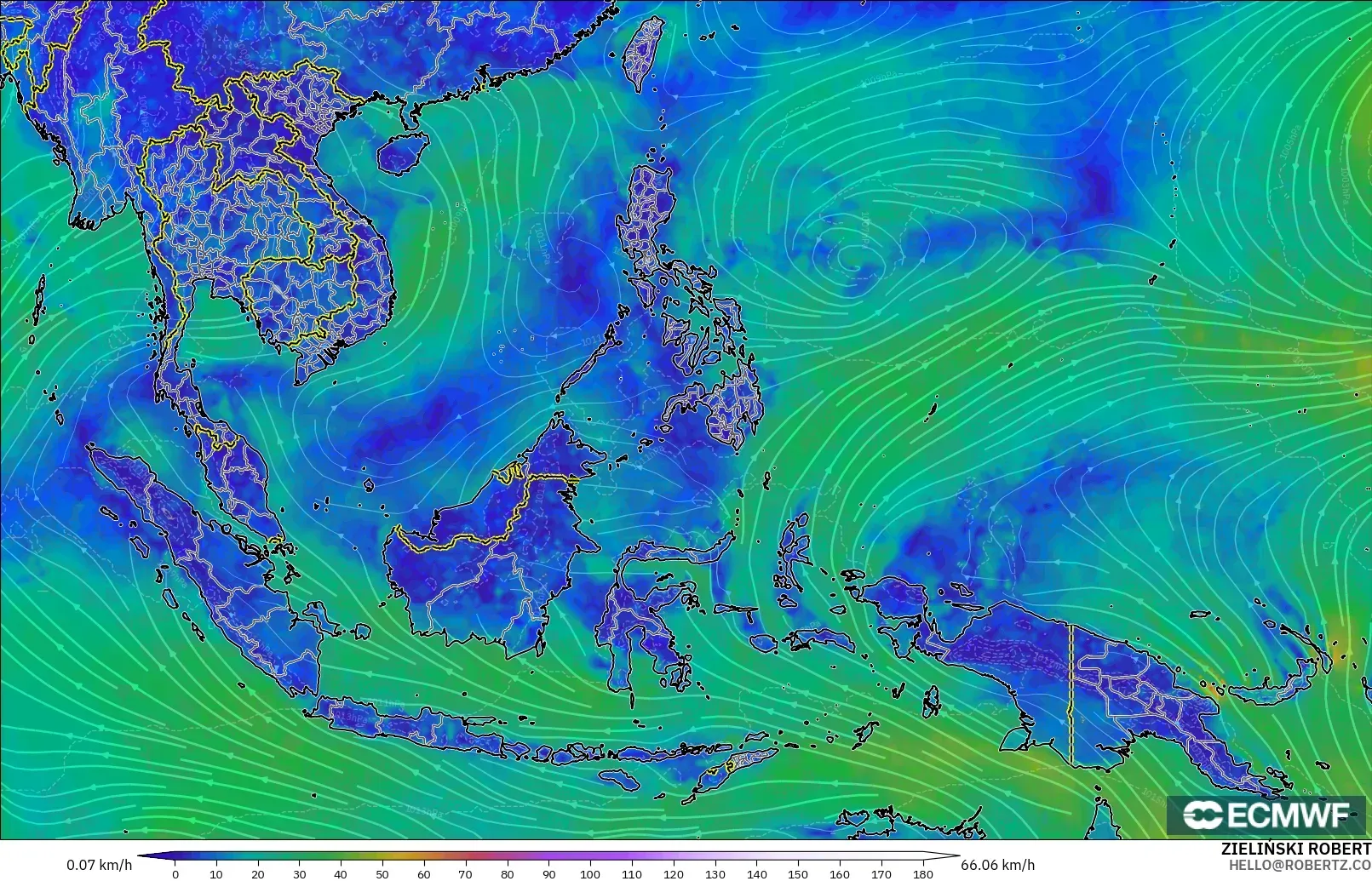 ECMWF IFS 0.25° model - Güneydoğu Asya, 10 m Rüzgâr