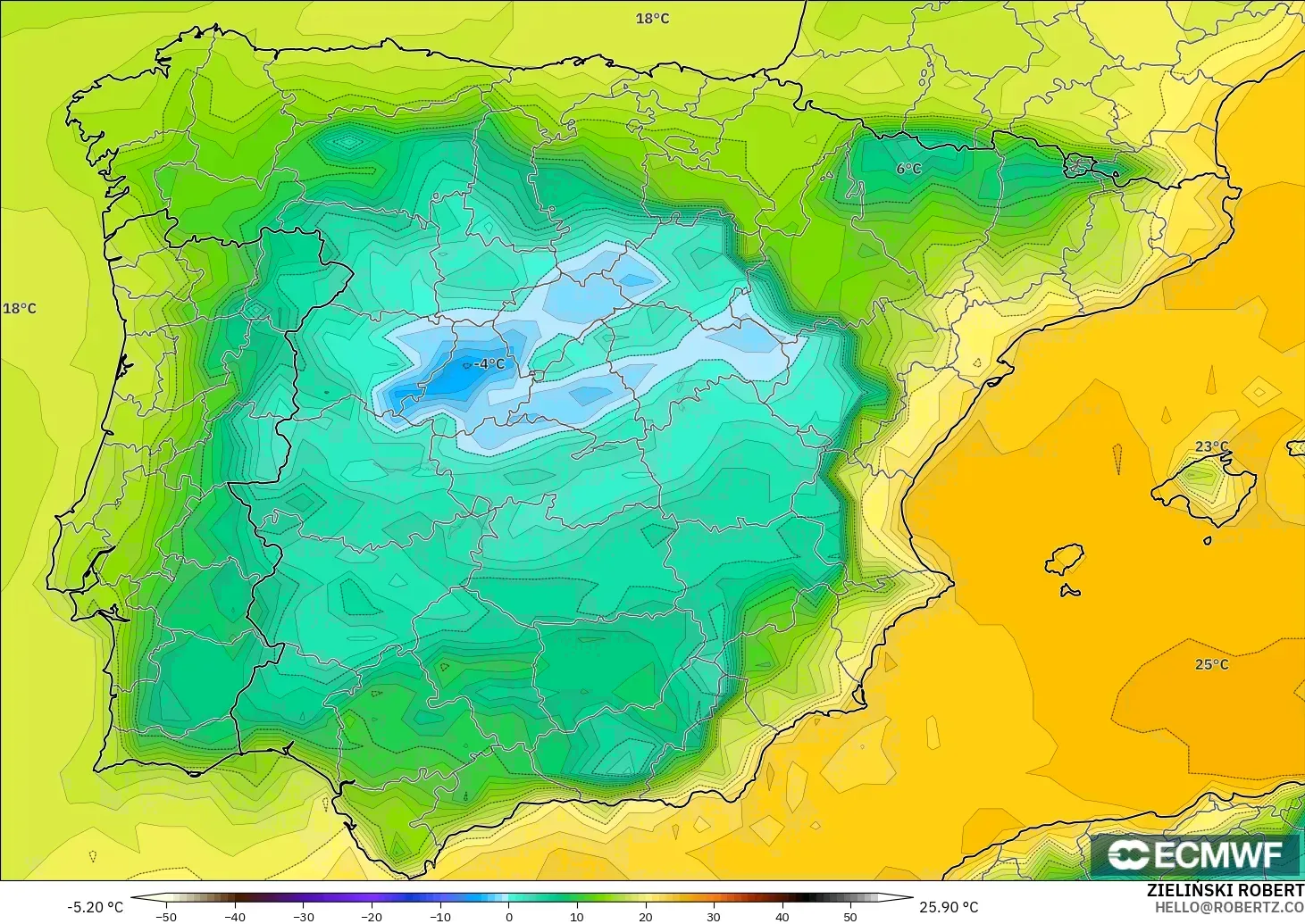 ECMWF IFS 0.25° model - İspanya, 2 m Çiy Noktası