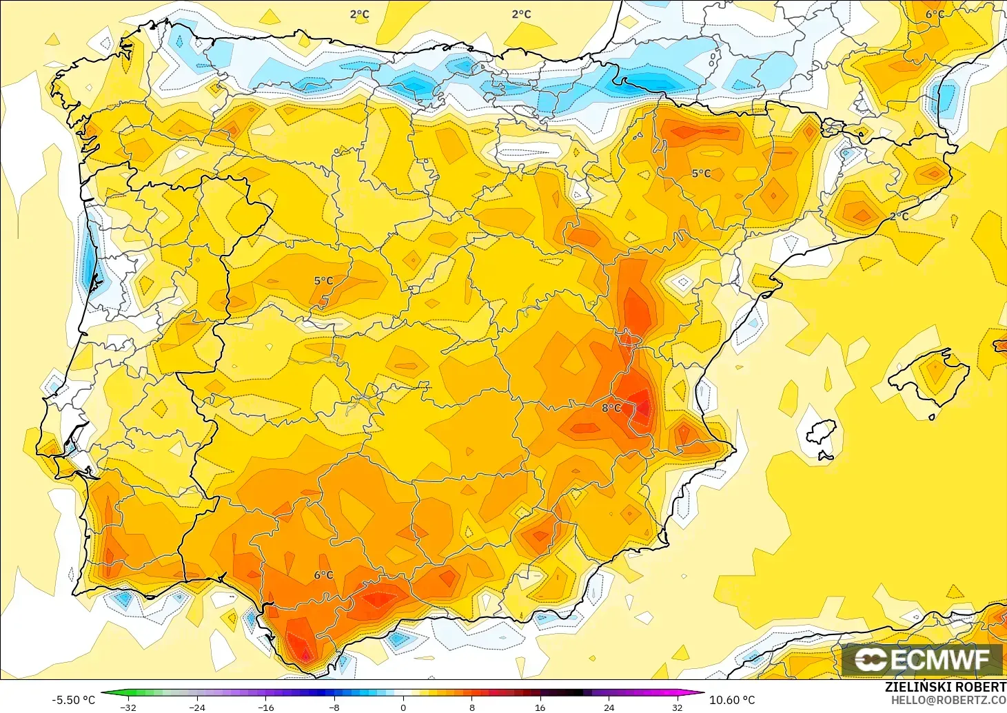 ECMWF IFS 0.25° model - İspanya, 2 m Sıcaklık Anomalisi