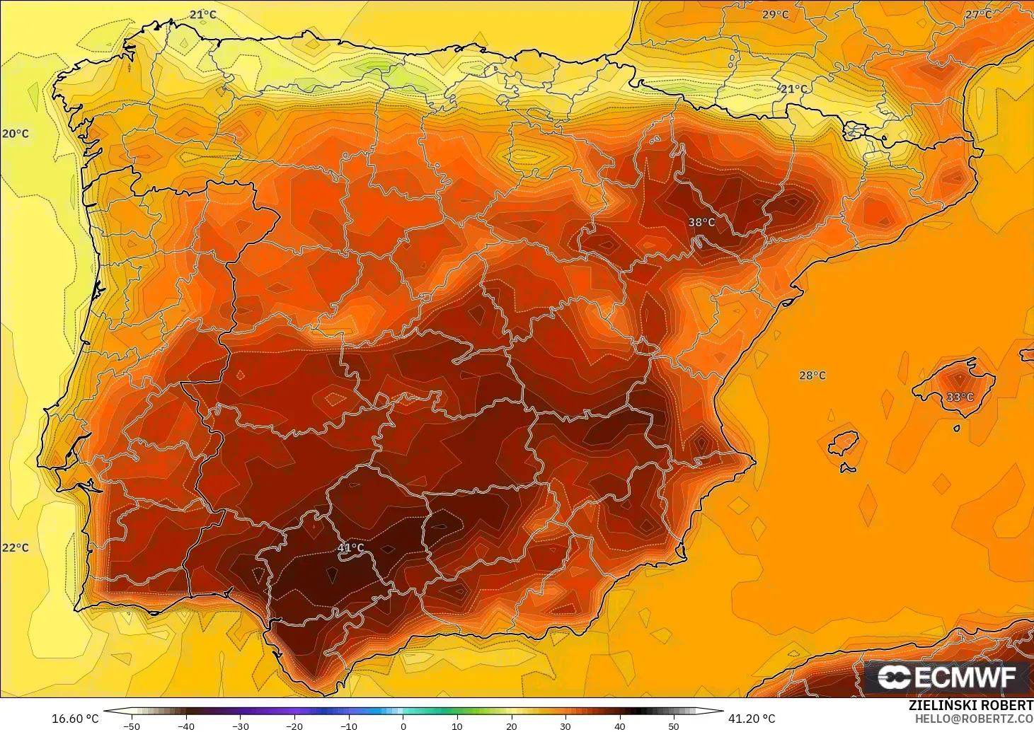 ECMWF IFS 0.25° model - İspanya, 2 m Sıcaklık