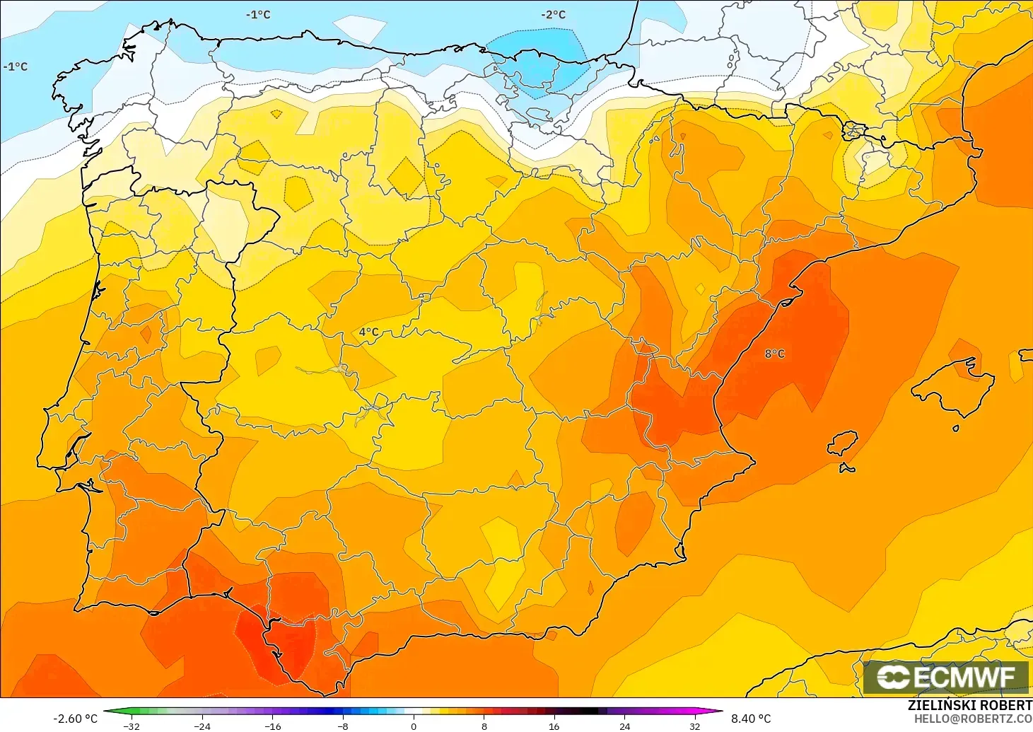 ECMWF IFS 0.25° model - İspanya, 850 hPa Sıcaklık Anomalisi