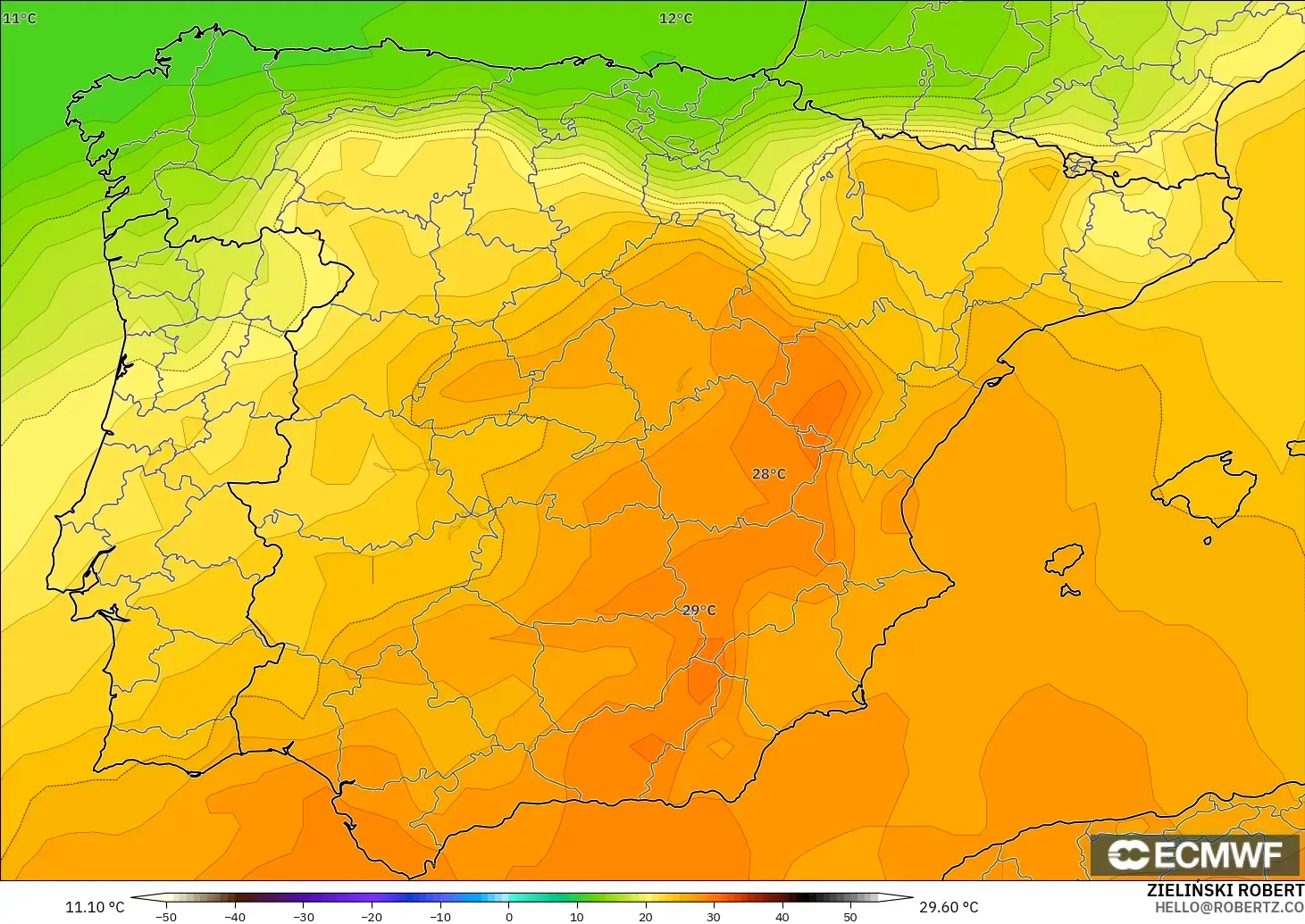 ECMWF IFS 0.25° model - İspanya, 850 hPa Sıcaklık