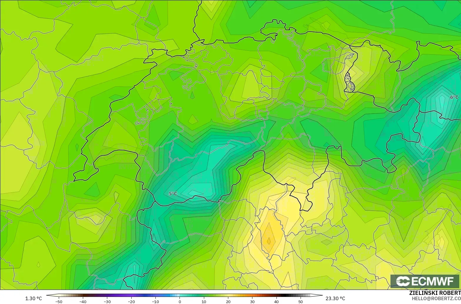 ECMWF IFS 0.25° model - İsviçre, 2 m Çiy Noktası
