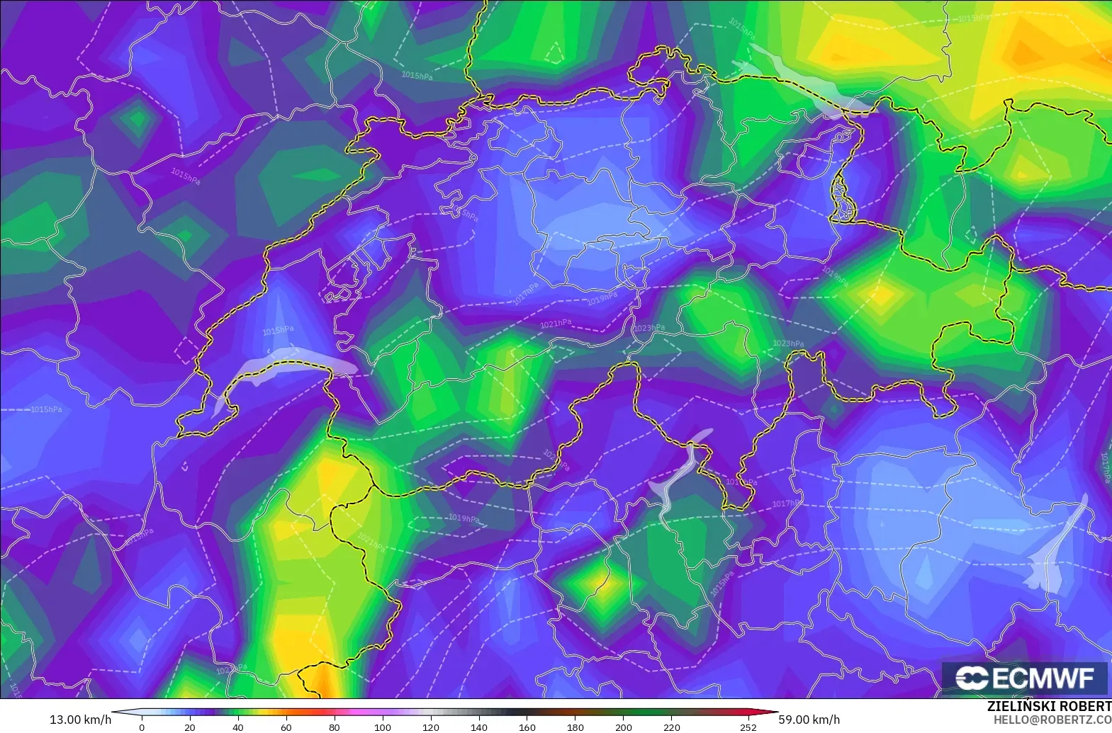 ECMWF IFS 0.25° model - İsviçre, Rüzgâr Esintileri