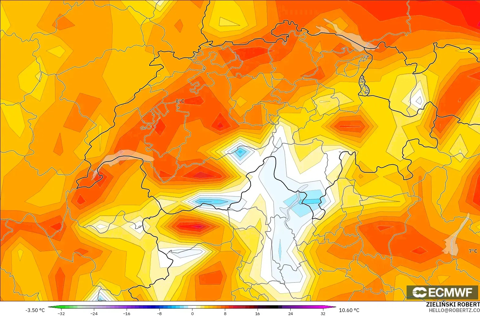 ECMWF IFS 0.25° model - İsviçre, 2 m Sıcaklık Anomalisi