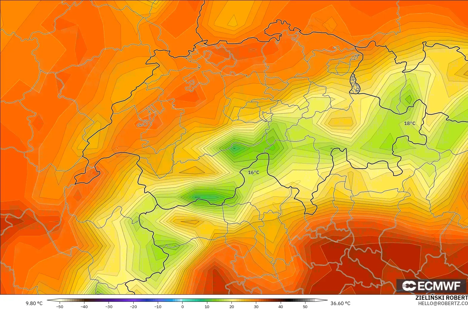 ECMWF IFS 0.25° model - İsviçre, 2 m Sıcaklık