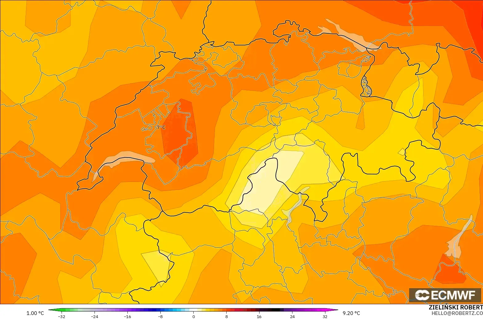 ECMWF IFS 0.25° model - İsviçre, 850 hPa Sıcaklık Anomalisi
