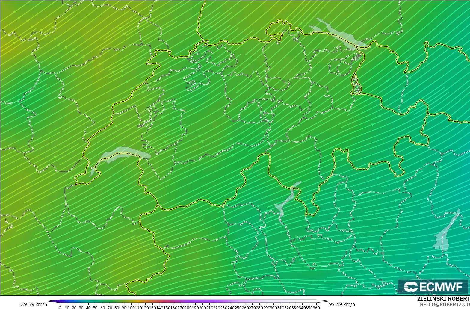 ECMWF IFS 0.25° model - İsviçre, 300 hPa Rüzgârı (jet)