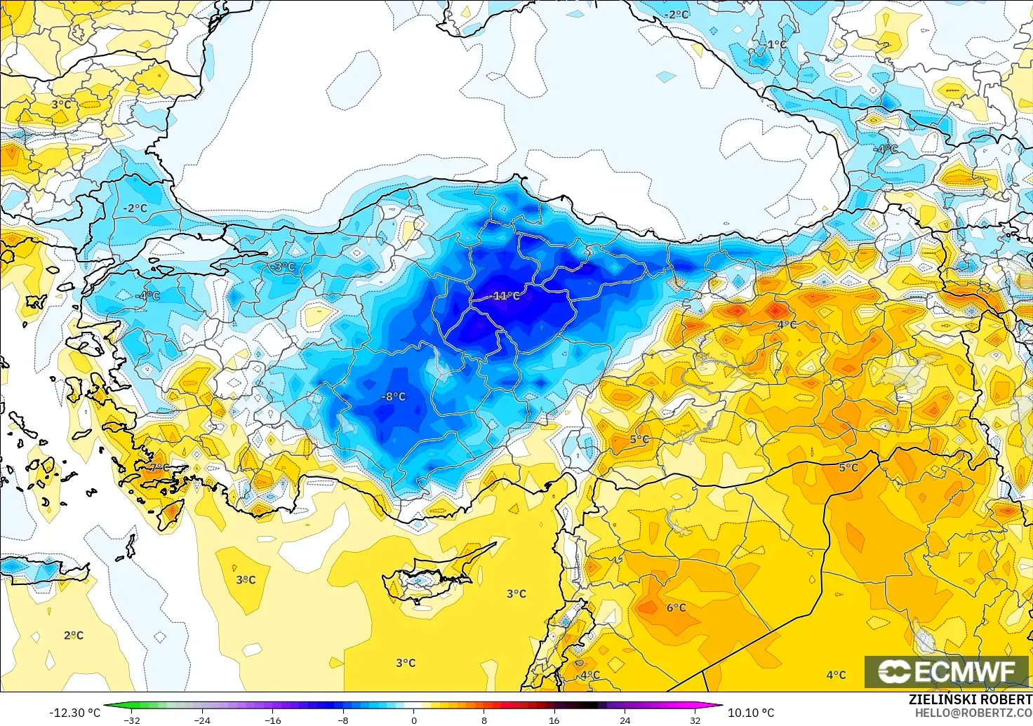 ECMWF IFS 0.25° model - Türkiye, 2 m Sıcaklık Anomalisi