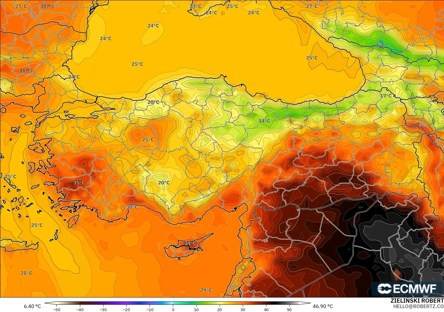ECMWF IFS 0.25° model - Türkiye, 2 m Sıcaklık