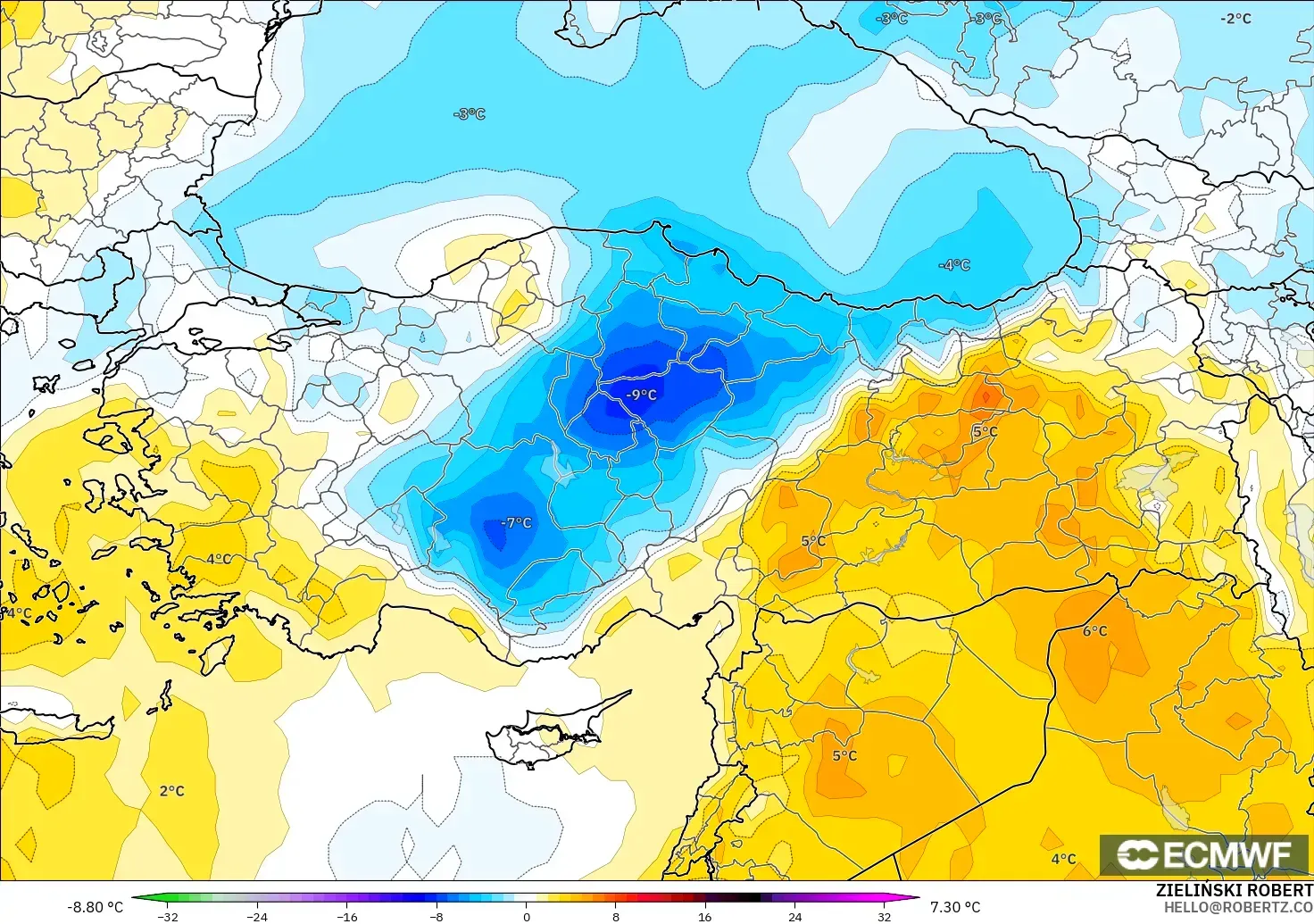 ECMWF IFS 0.25° model - Türkiye, 850 hPa Sıcaklık Anomalisi