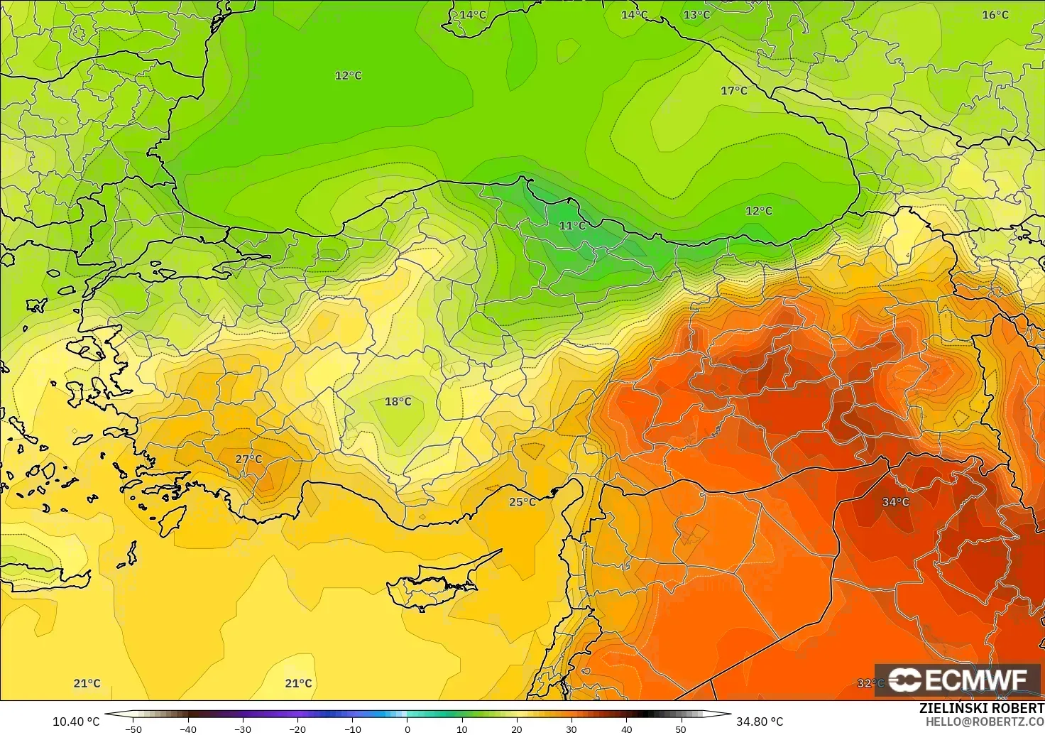 ECMWF IFS 0.25° model - Türkiye, 850 hPa Sıcaklık