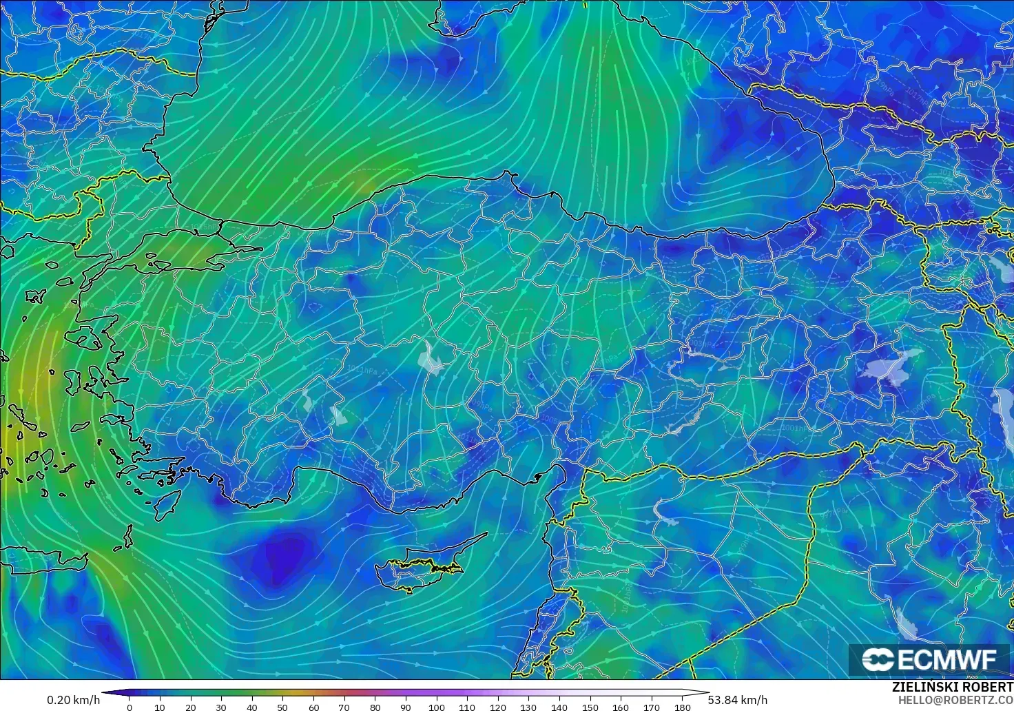 ECMWF IFS 0.25° model - Türkiye, 10 m Rüzgâr