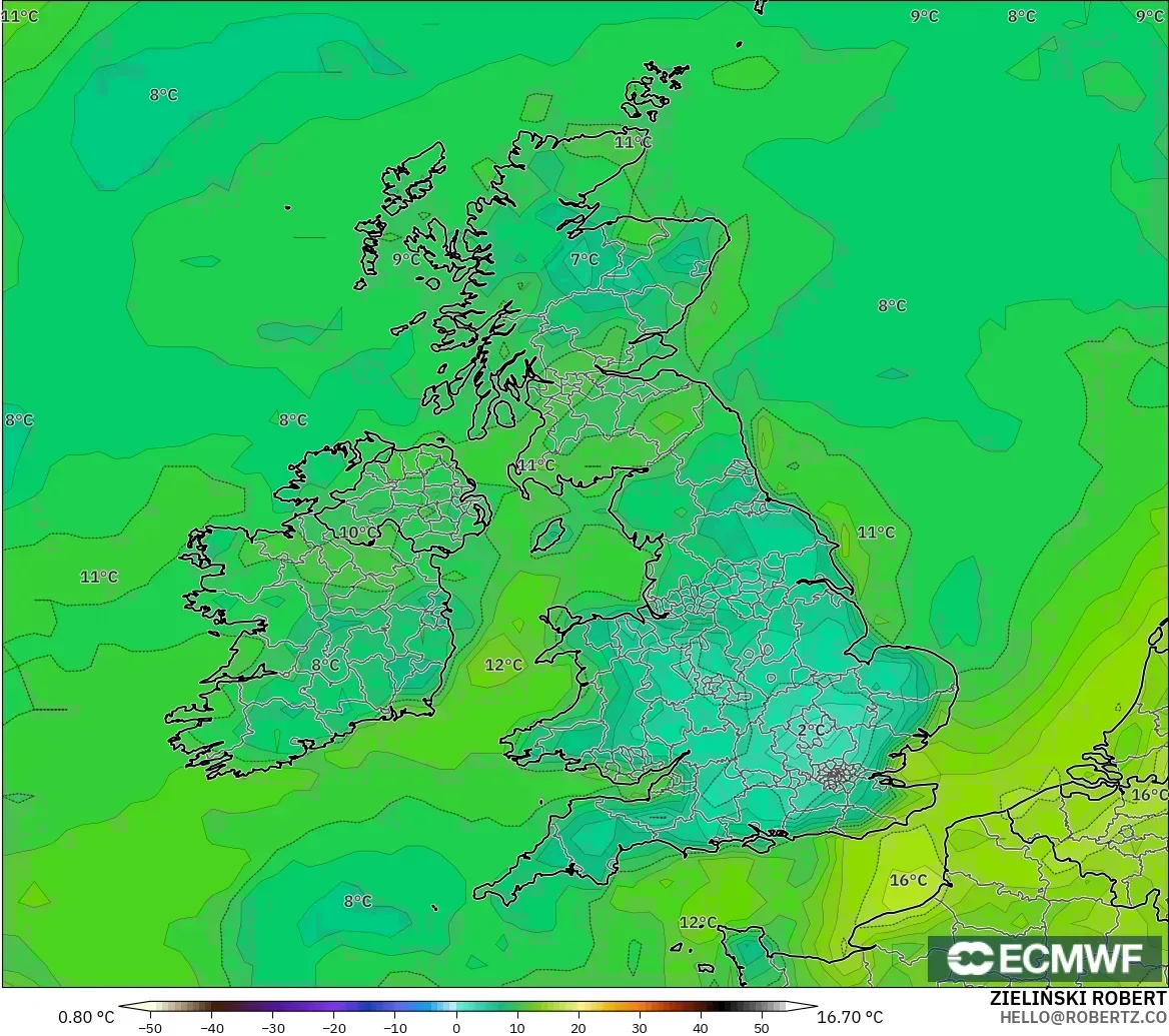 ECMWF IFS 0.25° model - Birleşik Krallık, 2 m Çiy Noktası