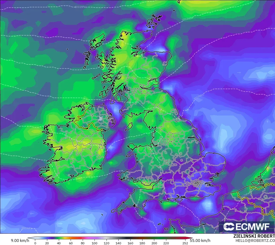 ECMWF IFS 0.25° model - Birleşik Krallık, Rüzgâr Esintileri
