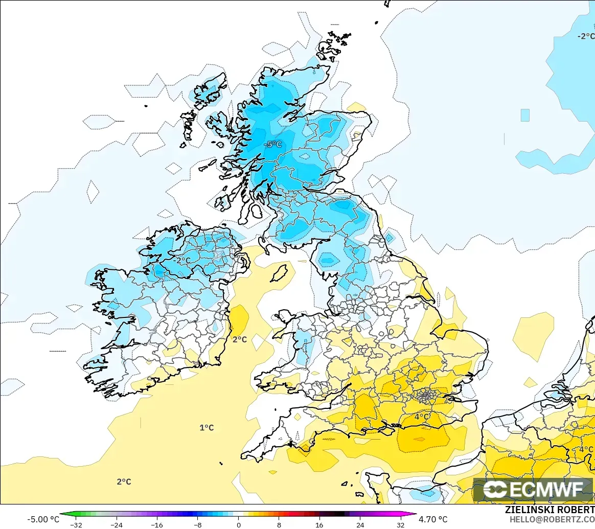 ECMWF IFS 0.25° model - Birleşik Krallık, 2 m Sıcaklık Anomalisi