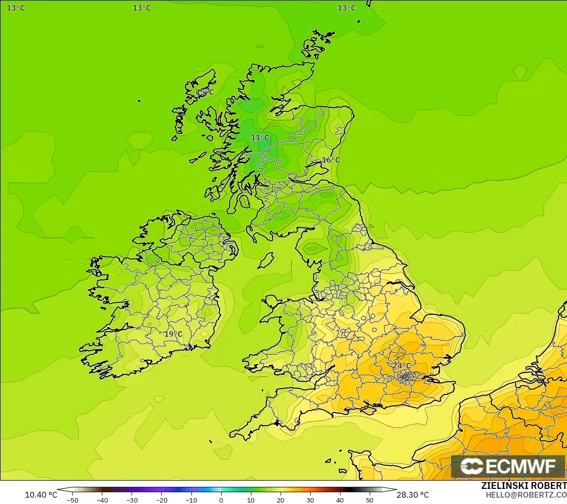 ECMWF IFS 0.25° model - Birleşik Krallık, 2 m Sıcaklık