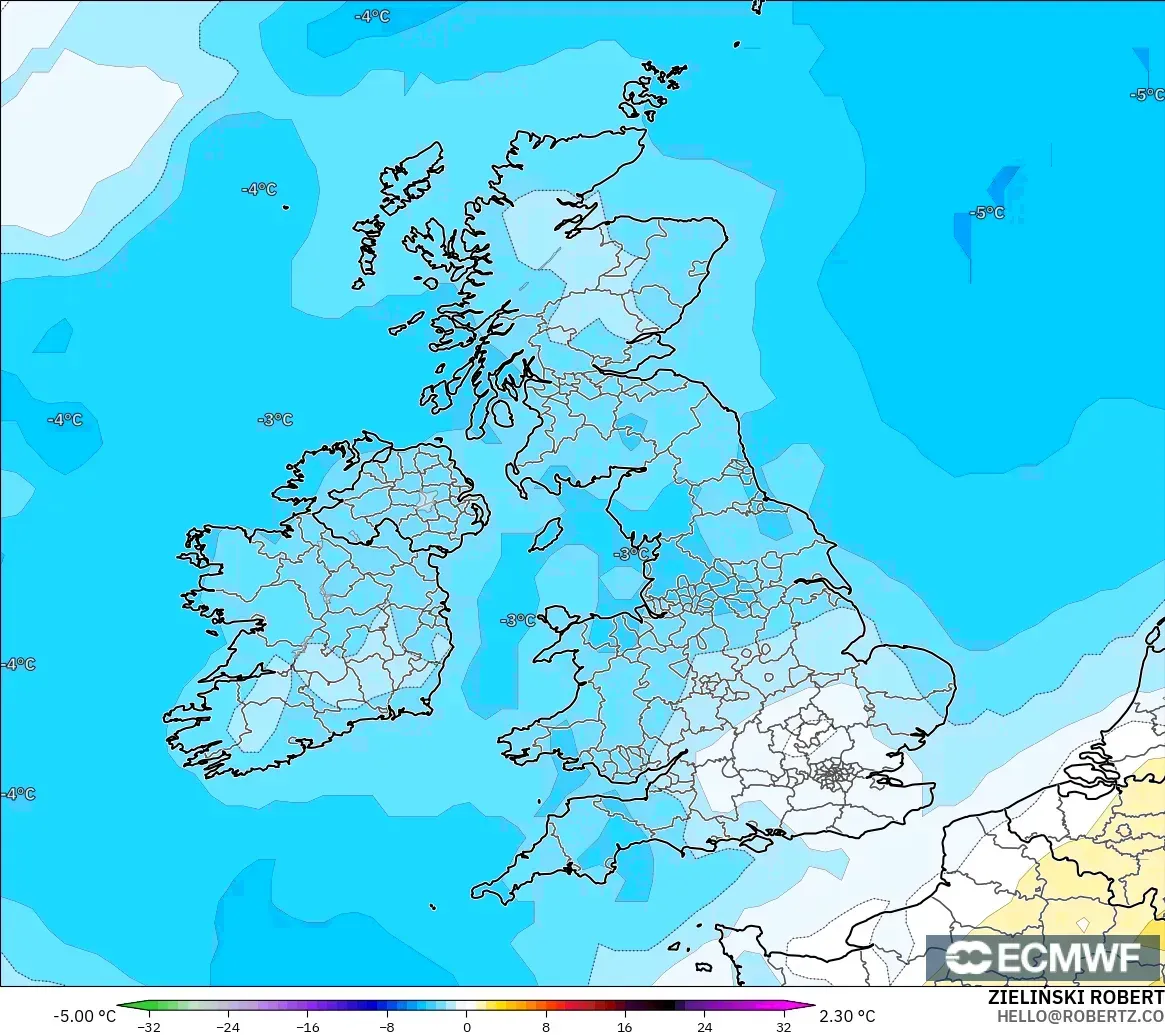 ECMWF IFS 0.25° model - Birleşik Krallık, 850 hPa Sıcaklık Anomalisi