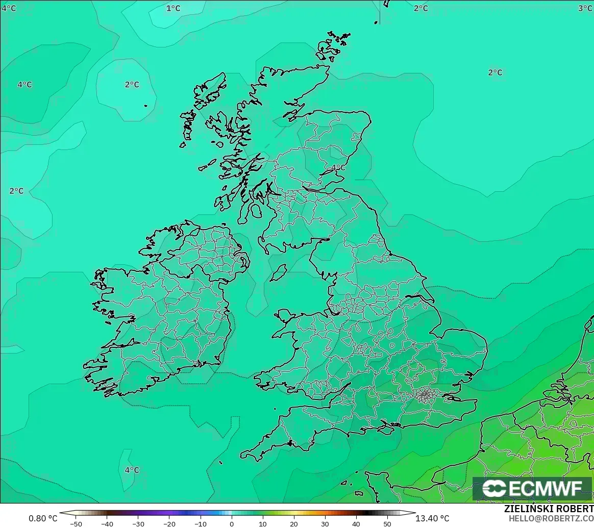 ECMWF IFS 0.25° model - Birleşik Krallık, 850 hPa Sıcaklık