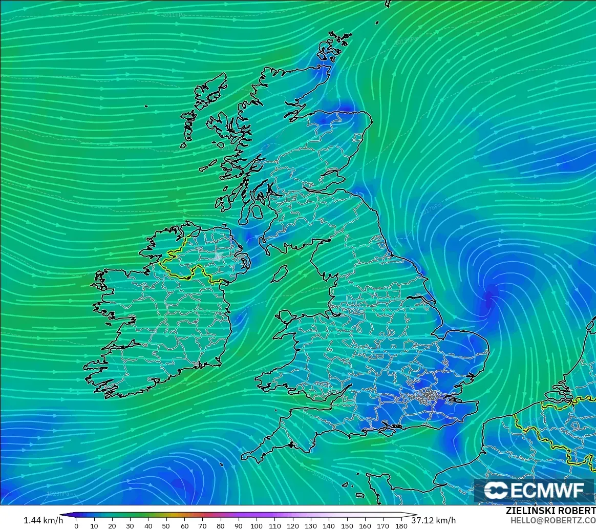 ECMWF IFS 0.25° model - Birleşik Krallık, 10 m Rüzgâr
