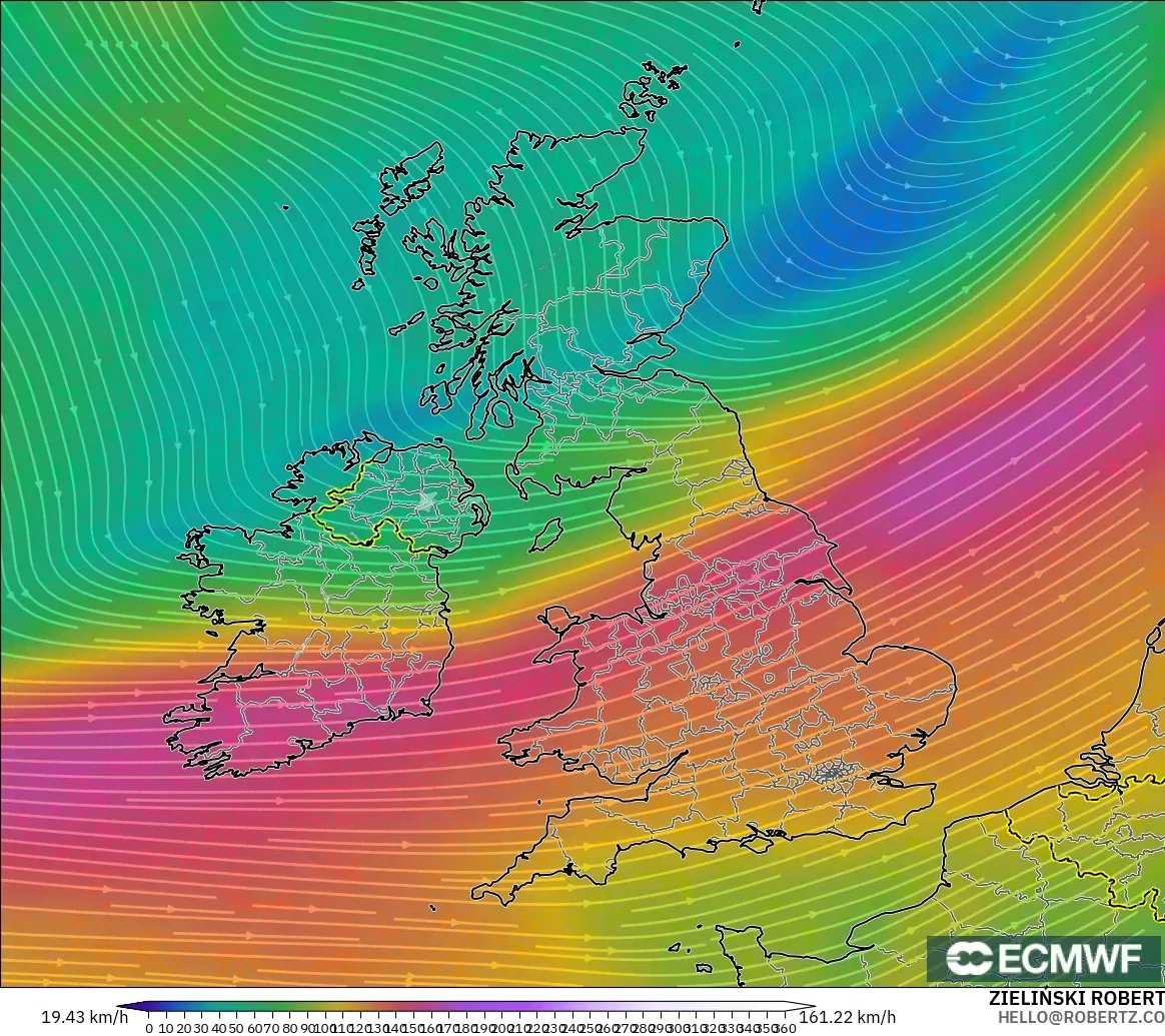 ECMWF IFS 0.25° model - Birleşik Krallık, 300 hPa Rüzgârı (jet)