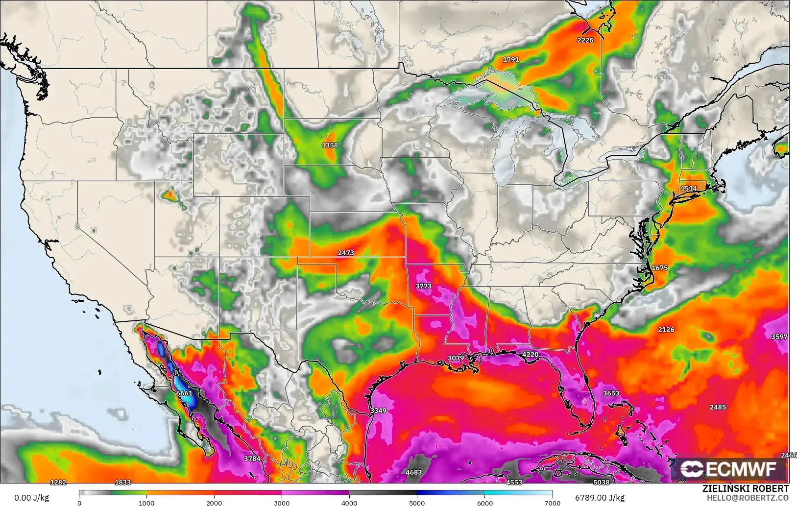 ECMWF IFS 0.25° model - Amerika Birleşik Devletleri, CAPE