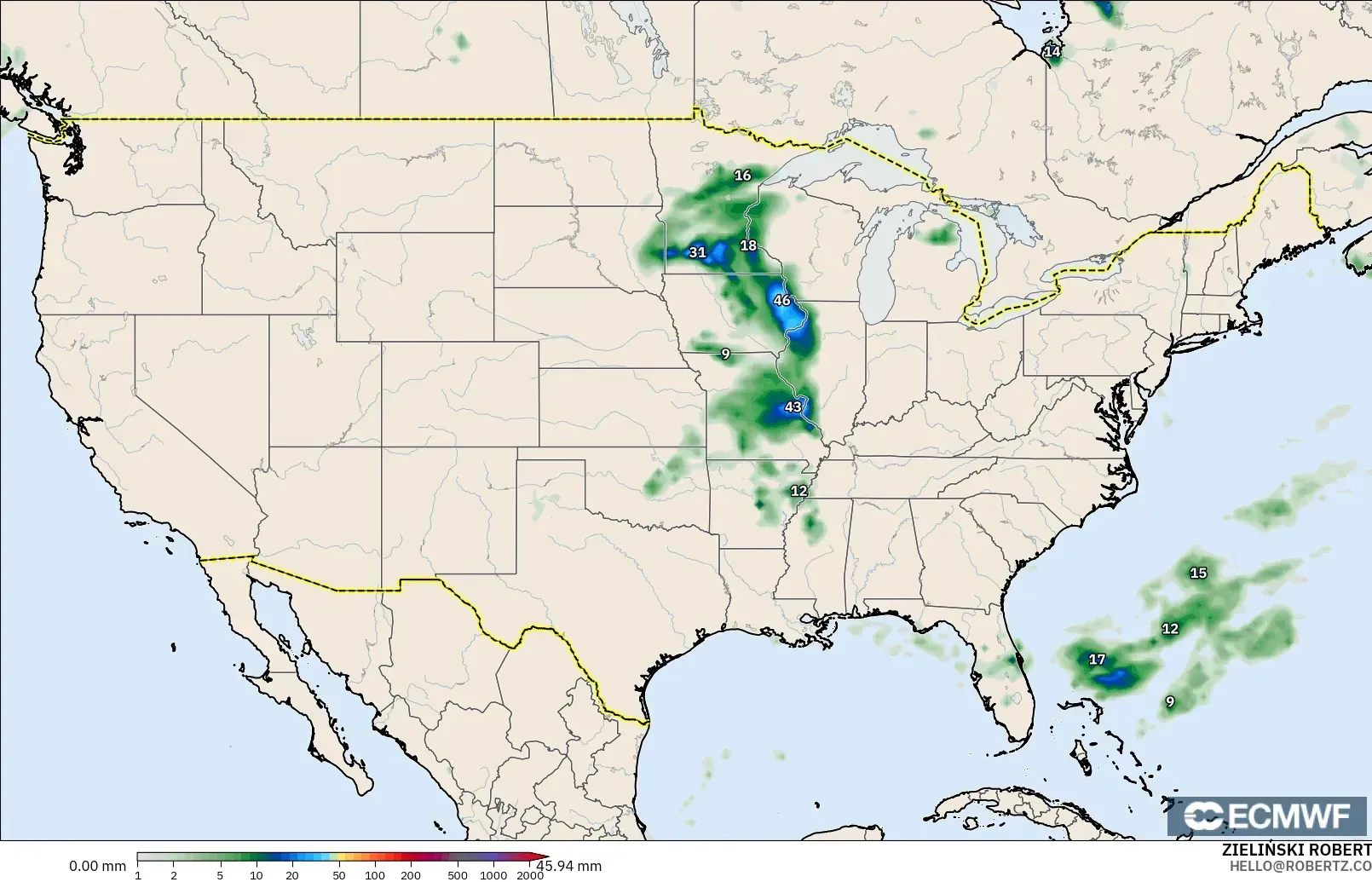 ECMWF IFS 0.25° model - Amerika Birleşik Devletleri, Yağış Birikimi