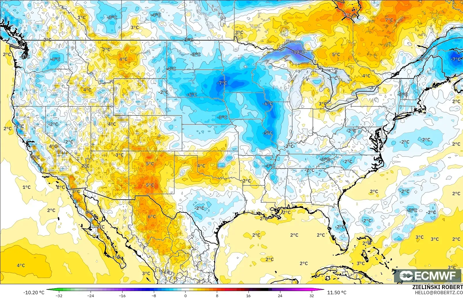 ECMWF IFS 0.25° model - Amerika Birleşik Devletleri, 2 m Sıcaklık Anomalisi