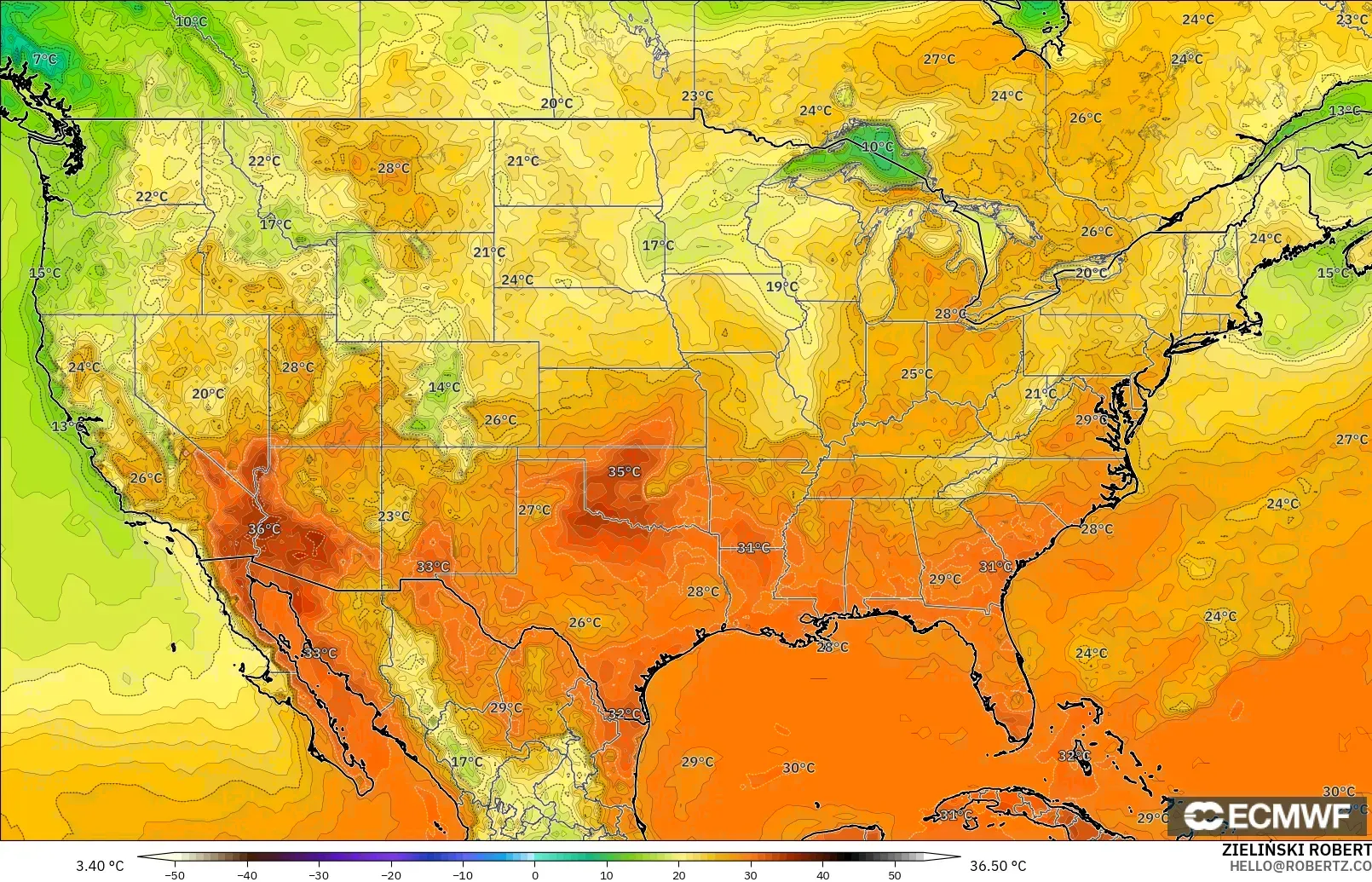 ECMWF IFS 0.25° model - Amerika Birleşik Devletleri, 2 m Sıcaklık