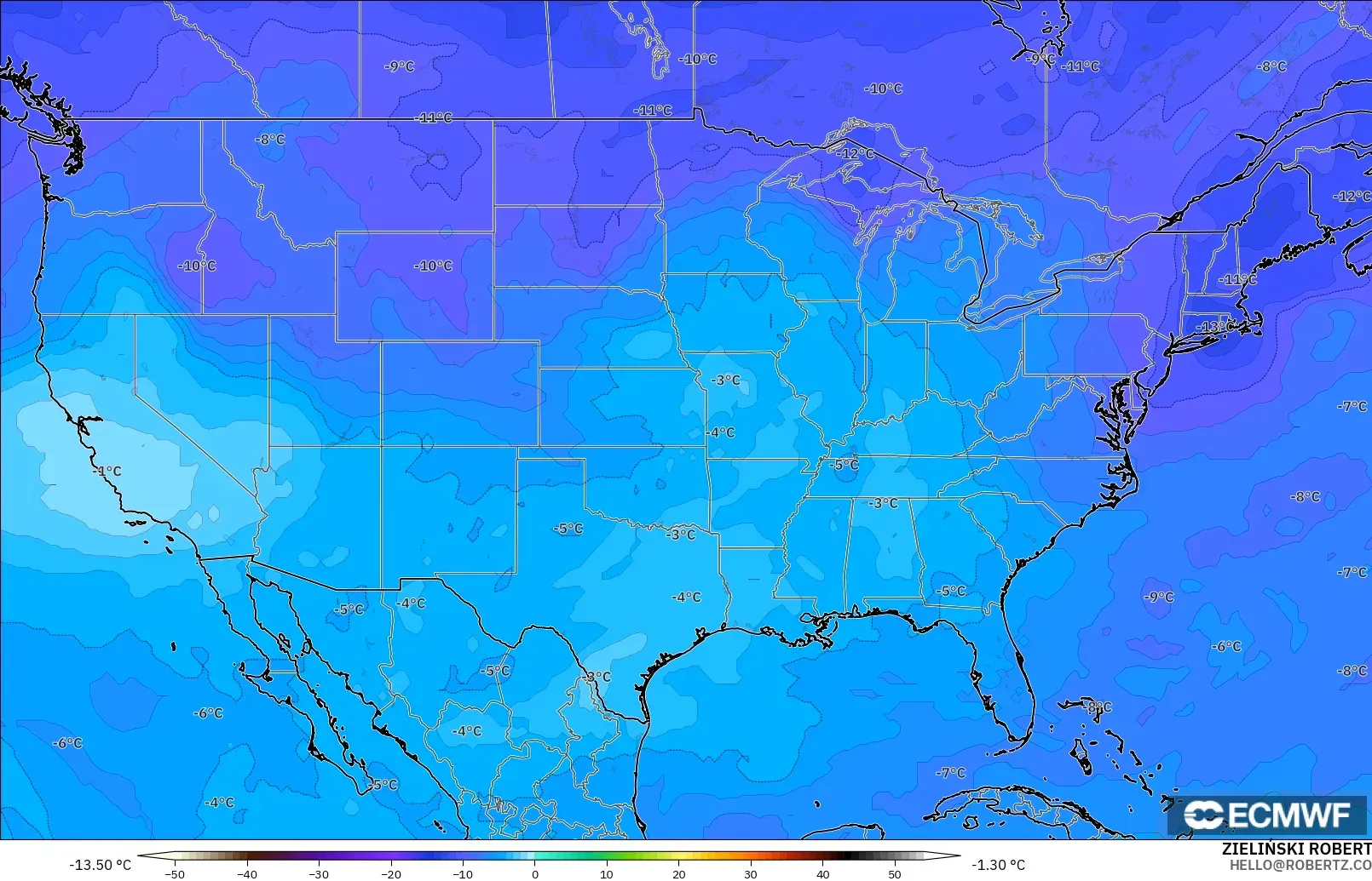 ECMWF IFS 0.25° model - Amerika Birleşik Devletleri, 500 hPa Sıcaklık