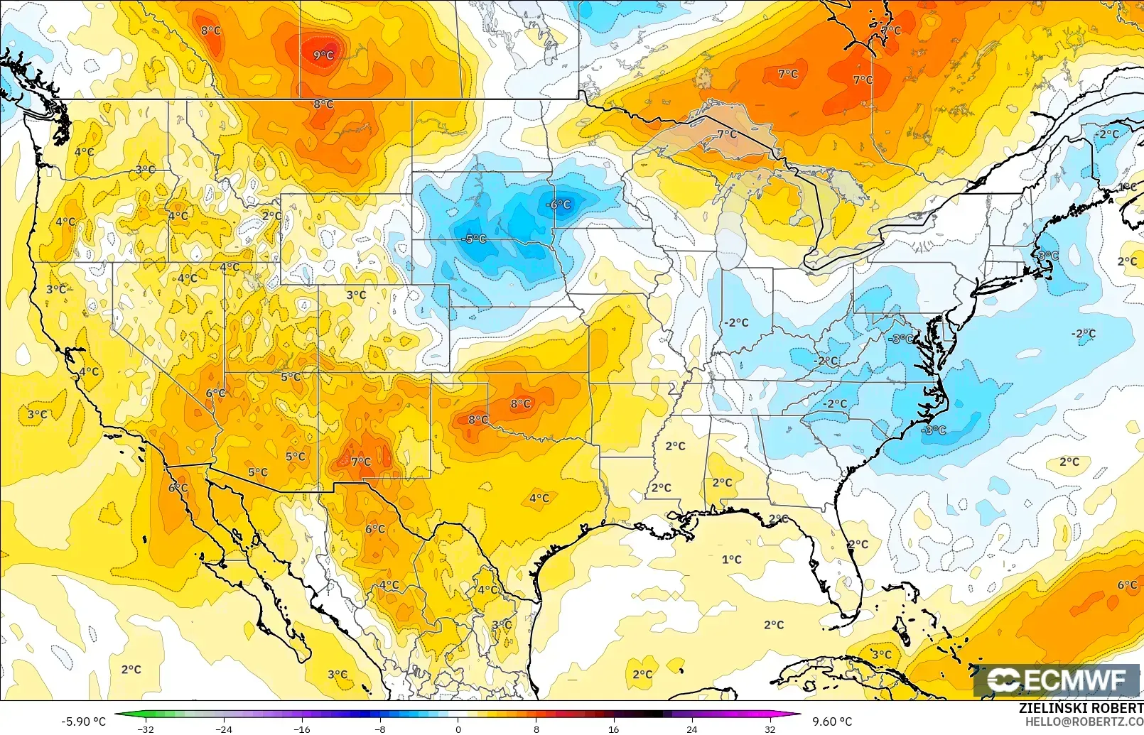 ECMWF IFS 0.25° model - Amerika Birleşik Devletleri, 850 hPa Sıcaklık Anomalisi