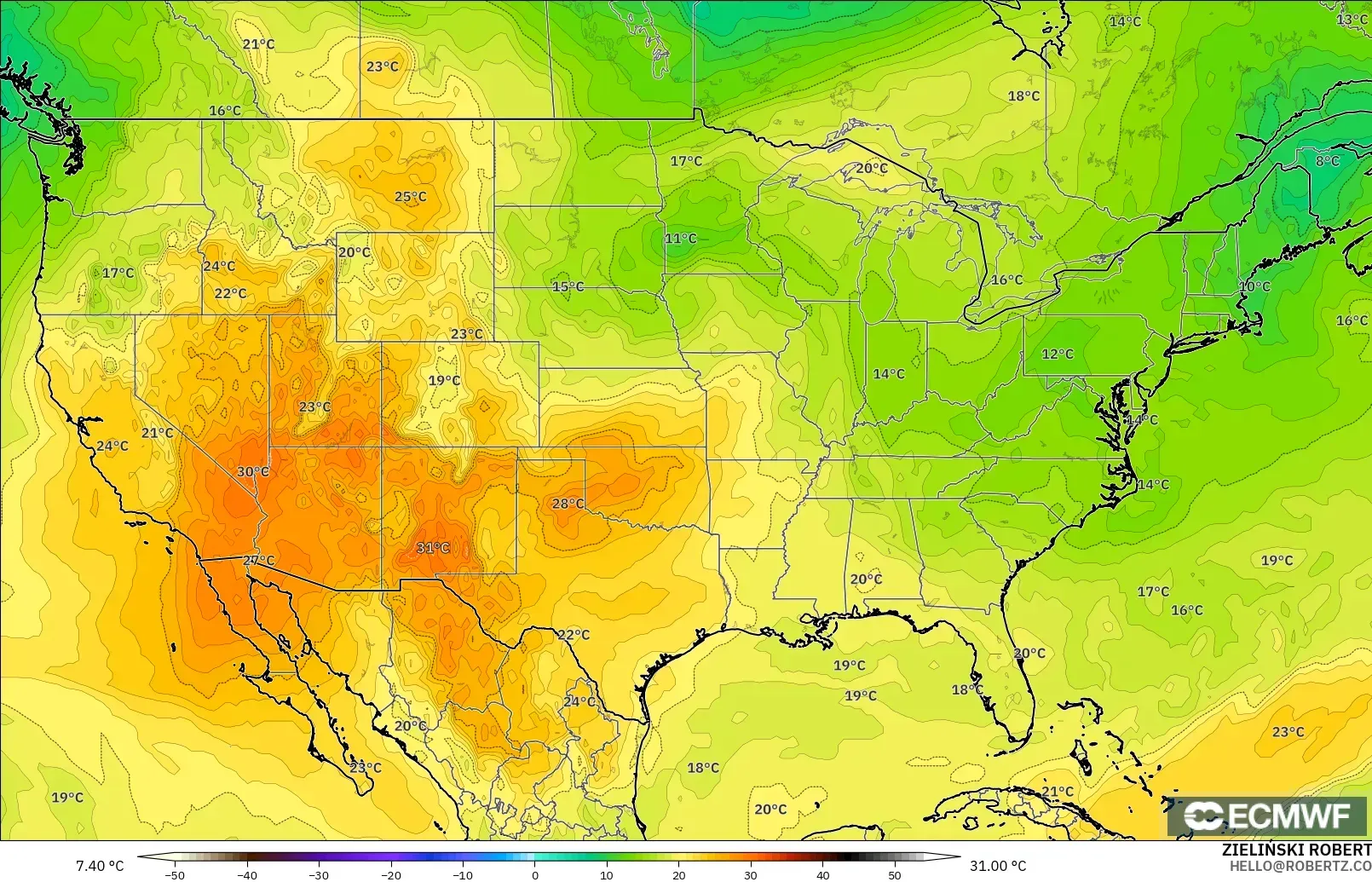 ECMWF IFS 0.25° model - Amerika Birleşik Devletleri, 850 hPa Sıcaklık