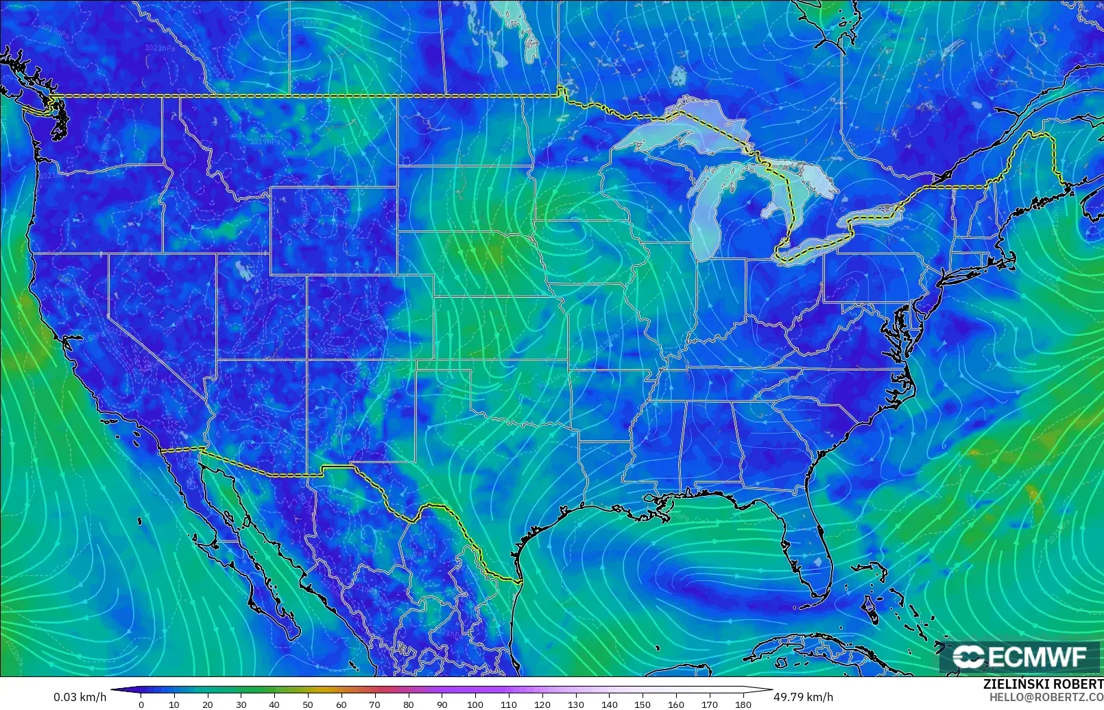 ECMWF IFS 0.25° model - Amerika Birleşik Devletleri, 10 m Rüzgâr