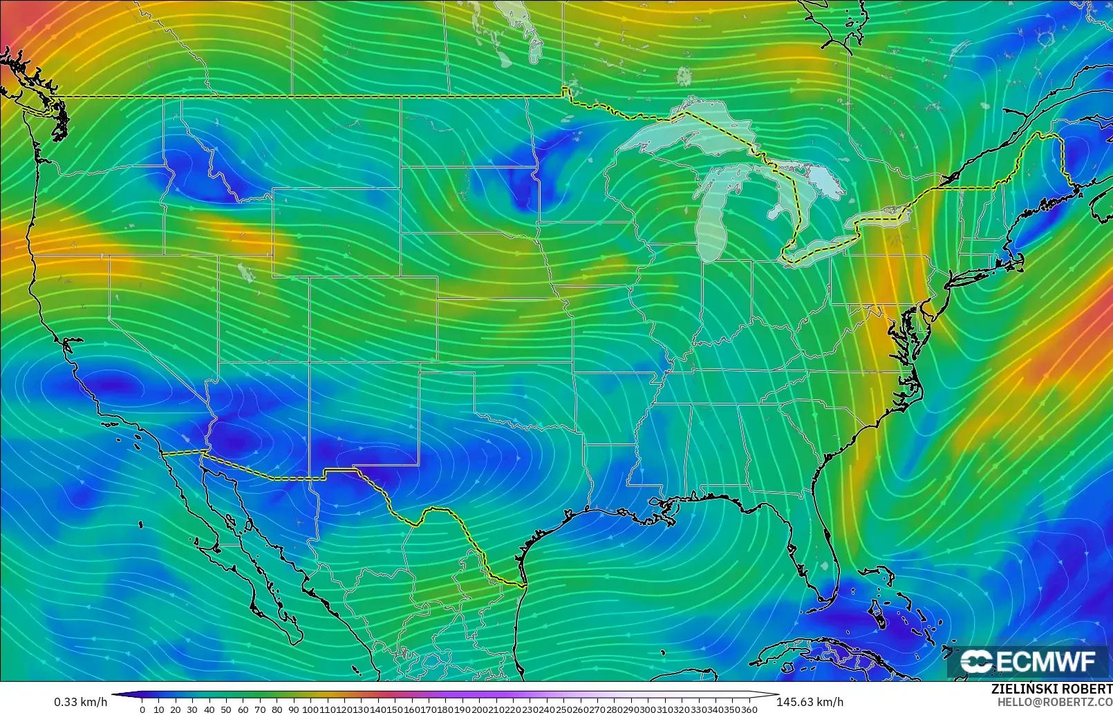 ECMWF IFS 0.25° model - Amerika Birleşik Devletleri, 300 hPa Rüzgârı (jet)